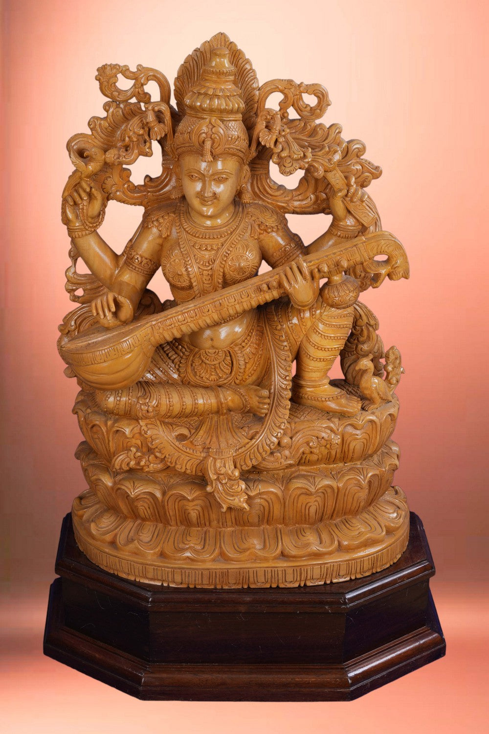 Image of Cedar Wood Carving Goddess Saraswati Statue